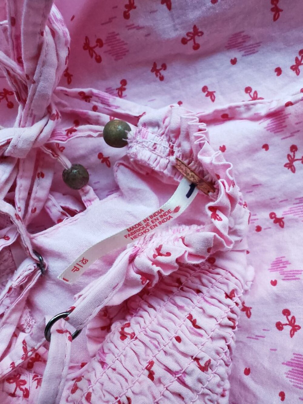 Free People Gabby Mini Dress Pink Cherry Print Size XS Boho Cottagecore Smocked - Picture 15 of 16